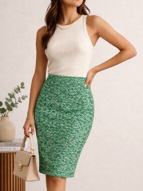 J.Crew No 2 Pencil Skirt Green Tweed Petite 4P Preppy Work Spring